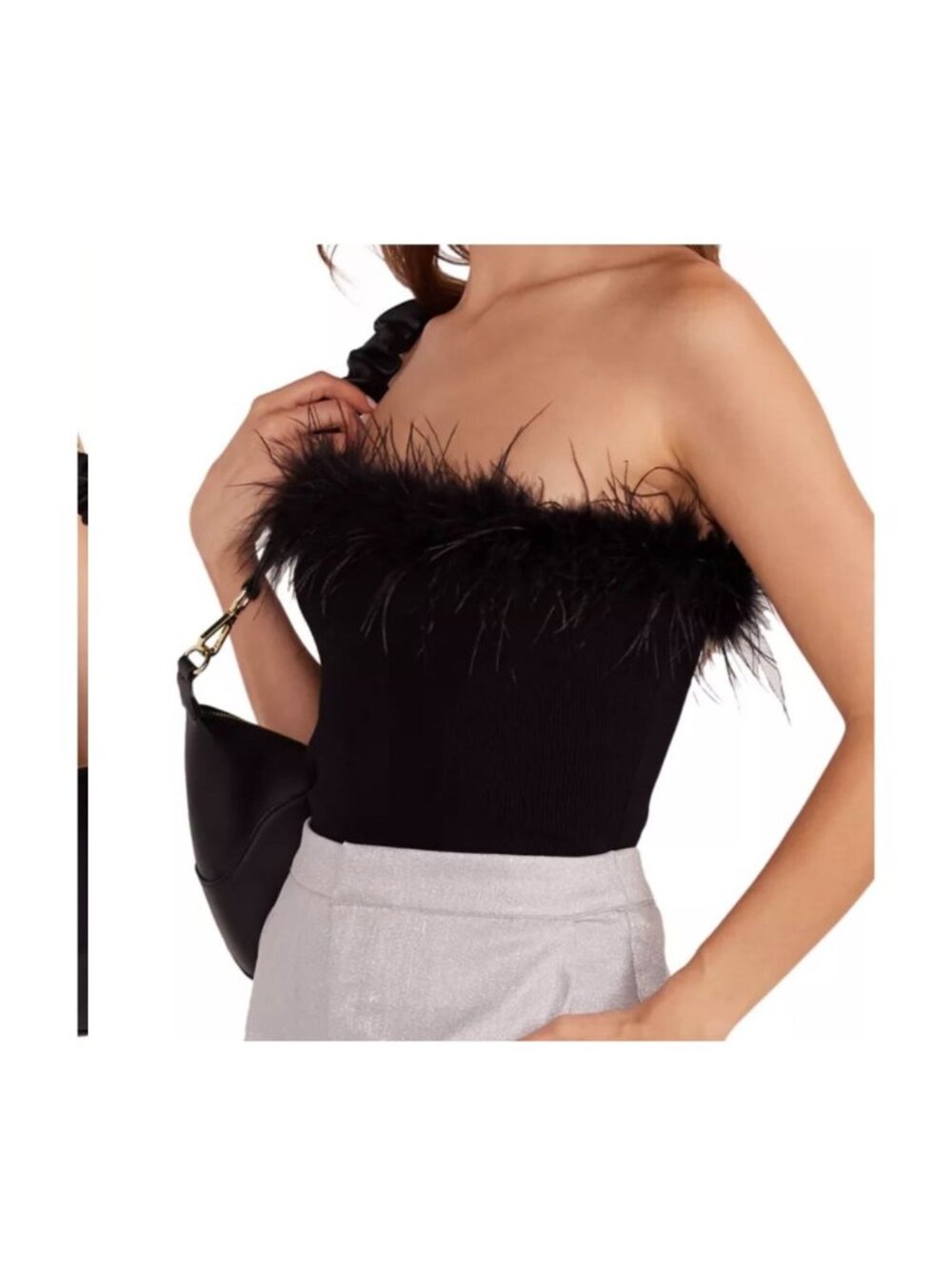 MinkPink women's XS‎ black aster feather top strapless ribbed dressy fitted NWT